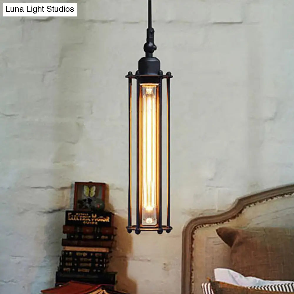 Industrial Metal Pendant Light with Tube Shade and Wire Guard - Black Finish