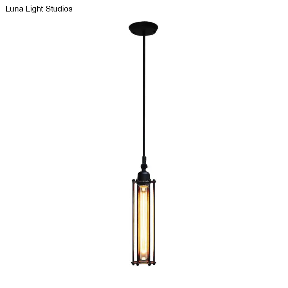 Industrial Metal Pendant Light with Tube Shade and Wire Guard - Black Finish