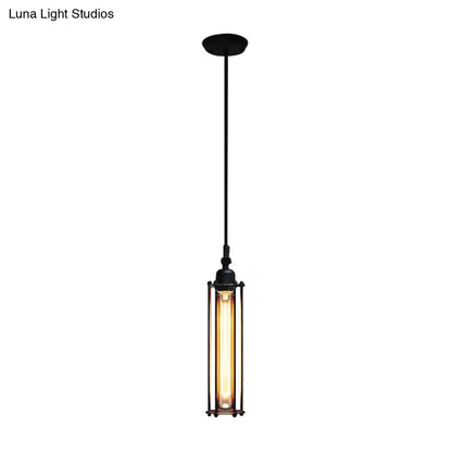 Industrial Metal Pendant Light with Tube Shade and Wire Guard - Black Finish