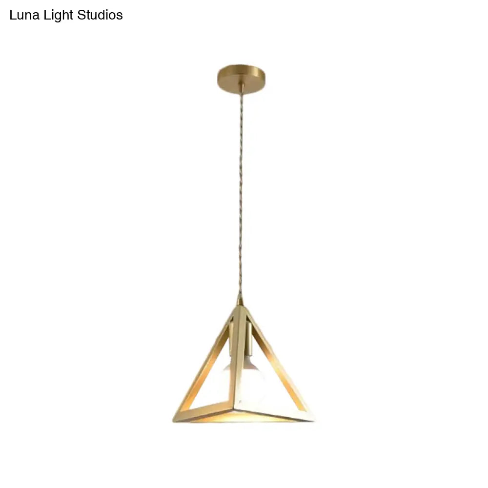 Industrial Metal Pendant Lighting with Gold Finish and Wire Frame for Dining Room - 1 Head Square/Triangle Design