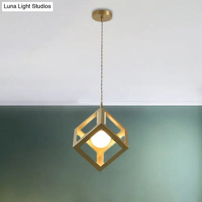 Industrial Metal Pendant Lighting with Gold Finish and Wire Frame for Dining Room - 1 Head Square/Triangle Design