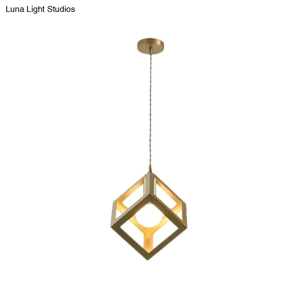 Industrial Metal Pendant Lighting with Gold Finish and Wire Frame for Dining Room - 1 Head Square/Triangle Design