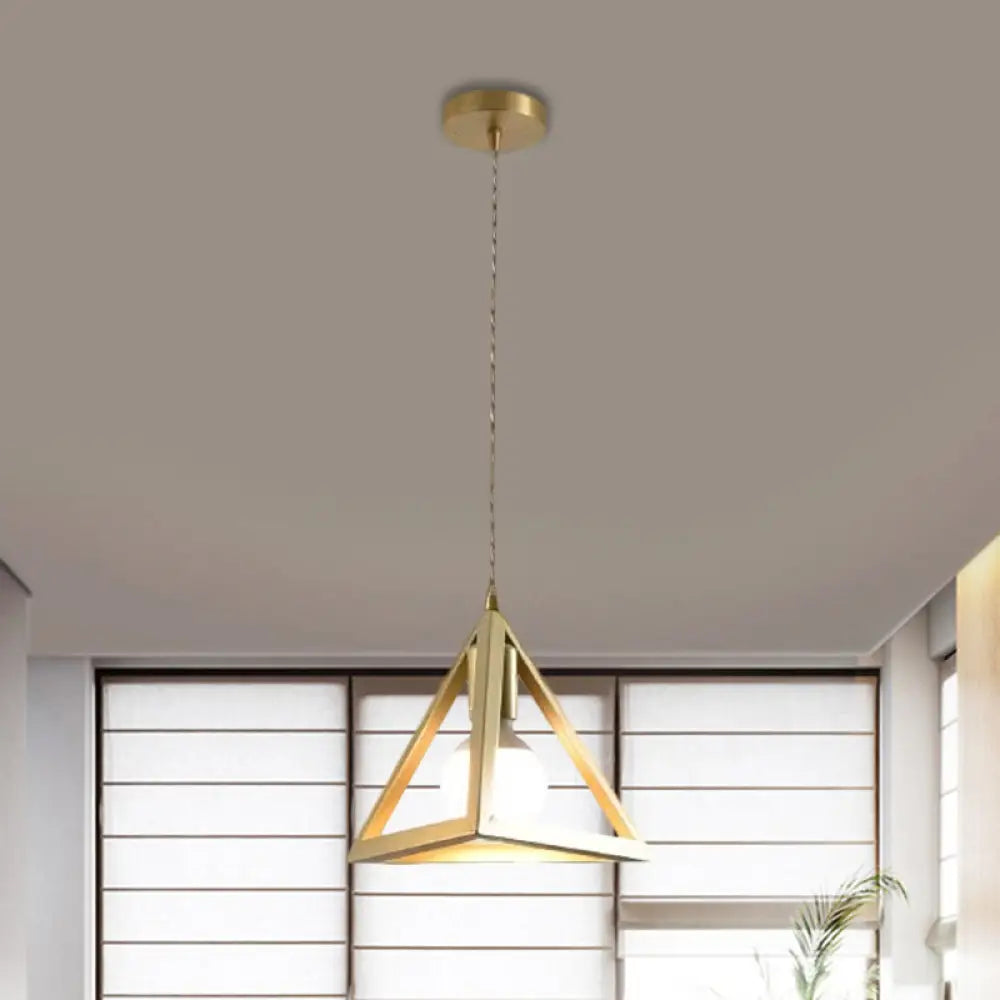 Industrial Metal Pendant Lighting with Gold Finish and Wire Frame for Dining Room - 1 Head Square/Triangle Design