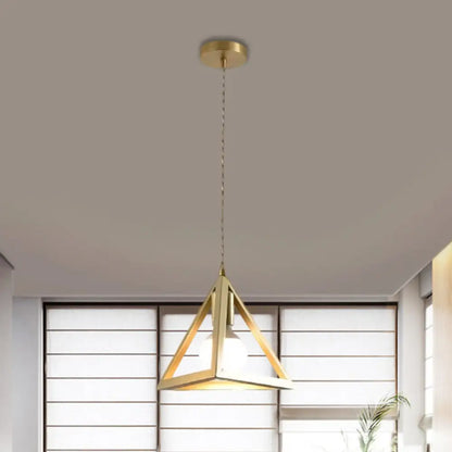 Industrial Metal Pendant Lighting with Gold Finish and Wire Frame for Dining Room - 1 Head Square/Triangle Design