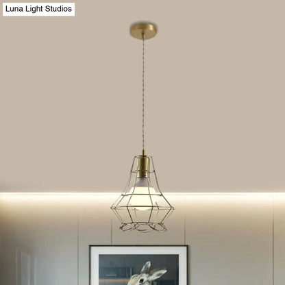 Industrial Metal Pendant Lighting with Gold Finish and Wire Frame for Dining Room - 1 Head Square/Triangle Design