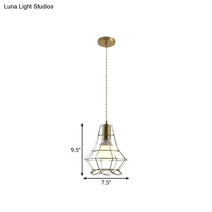 Industrial Metal Pendant Lighting with Gold Finish and Wire Frame for Dining Room - 1 Head Square/Triangle Design