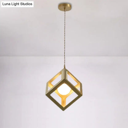 Industrial Metal Pendant Lighting with Gold Finish and Wire Frame for Dining Room - 1 Head Square/Triangle Design