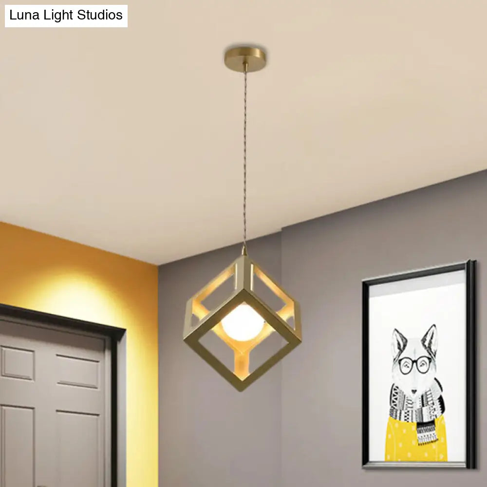 Industrial Metal Pendant Lighting with Gold Finish and Wire Frame for Dining Room - 1 Head Square/Triangle Design