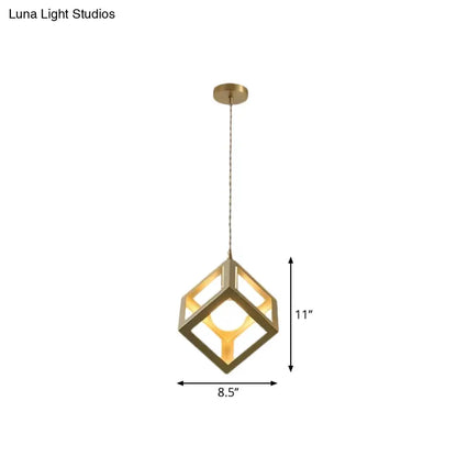 Industrial Metal Pendant Lighting with Gold Finish and Wire Frame for Dining Room - 1 Head Square/Triangle Design