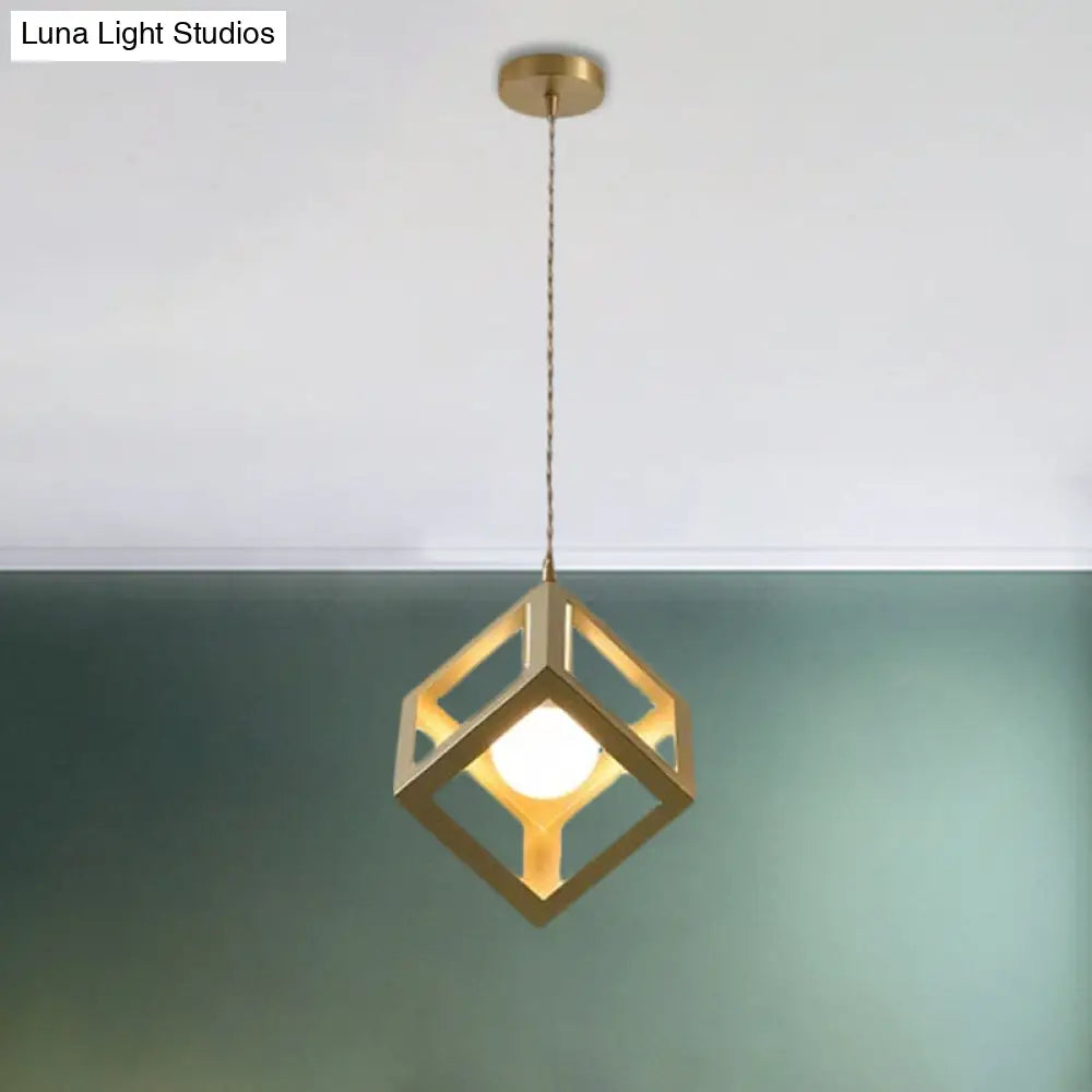 Industrial Metal Pendant Lighting with Gold Finish and Wire Frame for Dining Room - 1 Head Square/Triangle Design