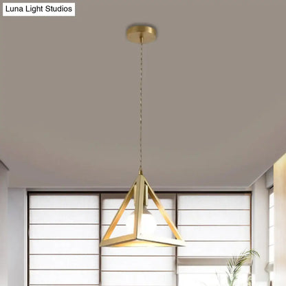 Industrial Metal Pendant Lighting with Gold Finish and Wire Frame for Dining Room - 1 Head Square/Triangle Design