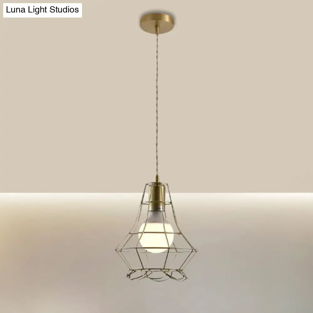 Industrial Metal Pendant Lighting with Gold Finish and Wire Frame for Dining Room - 1 Head Square/Triangle Design