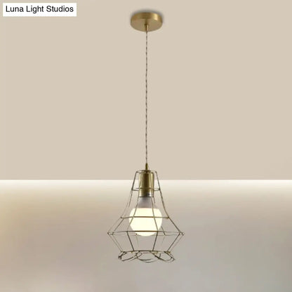 Industrial Metal Pendant Lighting with Gold Finish and Wire Frame for Dining Room - 1 Head Square/Triangle Design