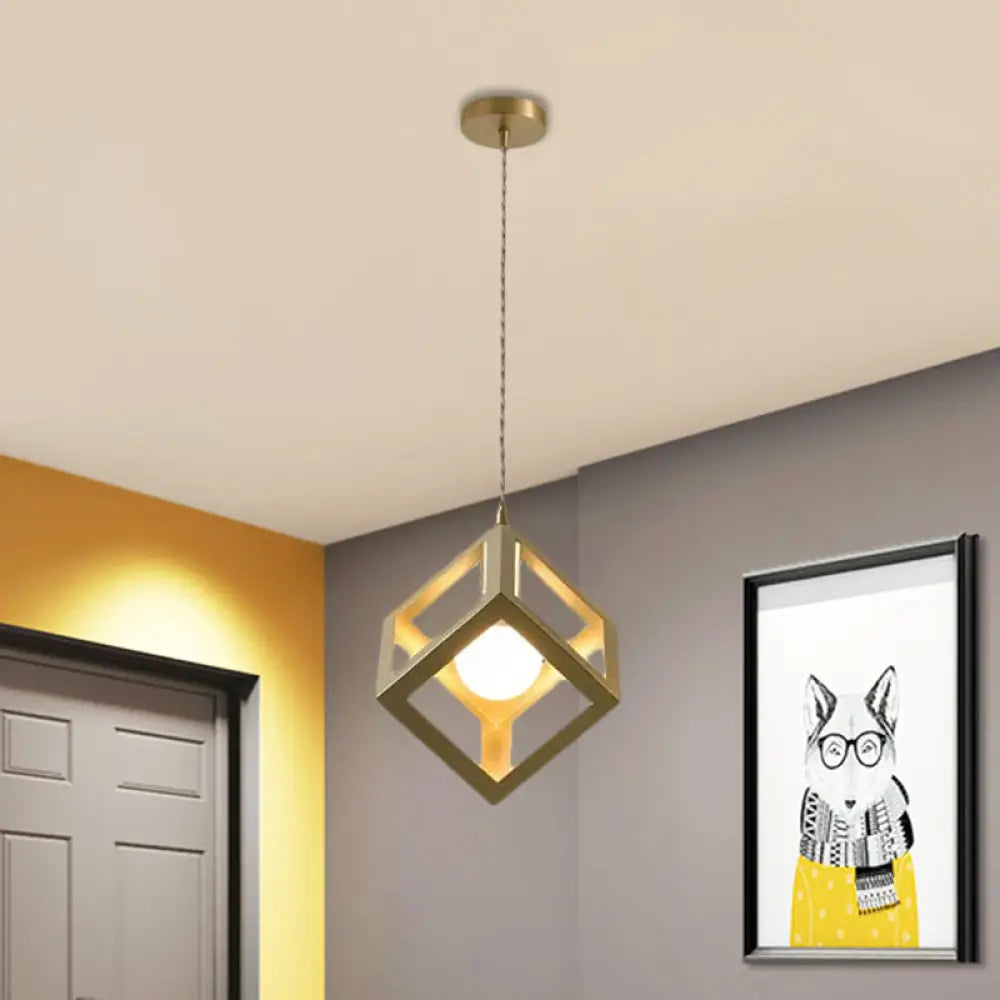 Industrial Metal Pendant Lighting with Gold Finish and Wire Frame for Dining Room - 1 Head Square/Triangle Design