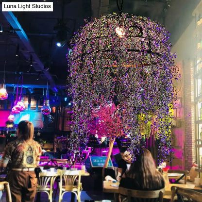 Industrial Metal Purple Bowl Pendant Light with LED Bulb and Flower Décor for Restaurants