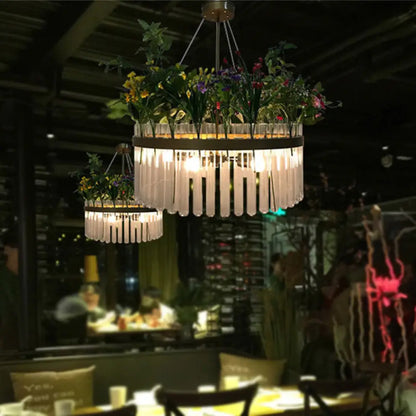 Industrial Metal Restaurant Chandelier Light - 1/2-Tier, Green Plant Pendant Fixture, 4 Bulbs - 19.5"/29.5" W