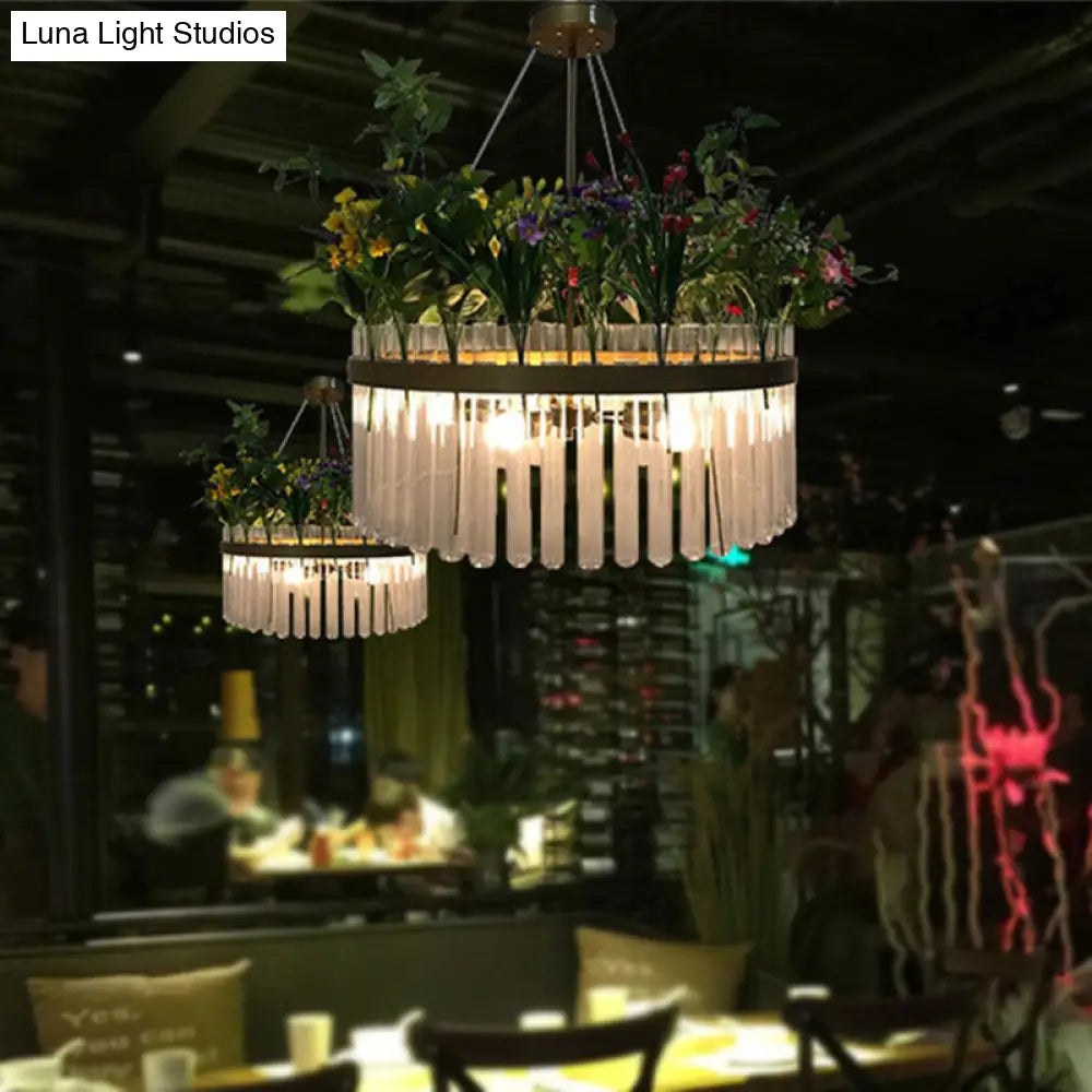 Industrial Metal Restaurant Chandelier Light - 1/2-Tier, Green Plant Pendant Fixture, 4 Bulbs - 19.5"/29.5" W