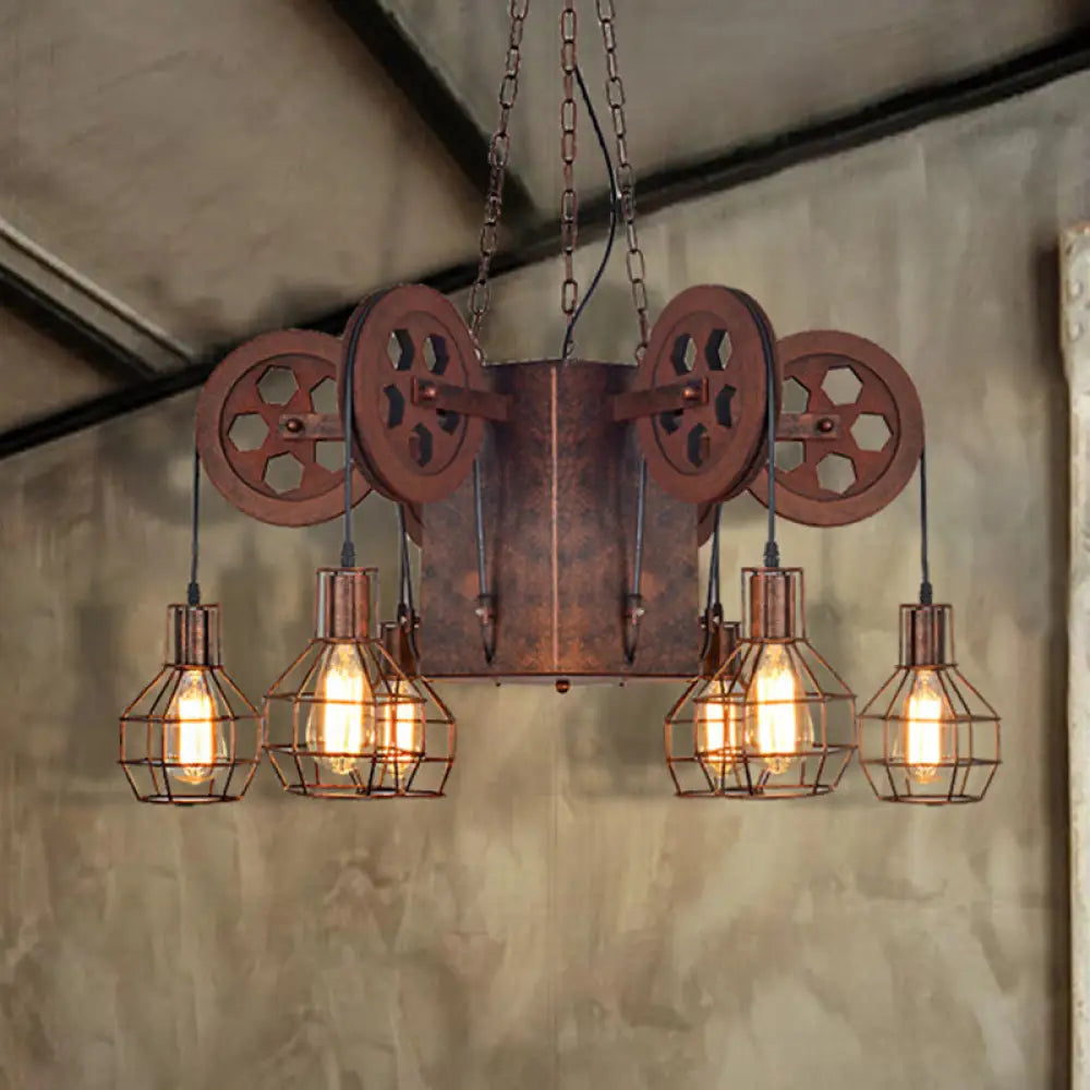 Lámpara colgante industrial de metal oxidado con globo enjaulado - Lámpara de araña de 4/6 luces y accesorios