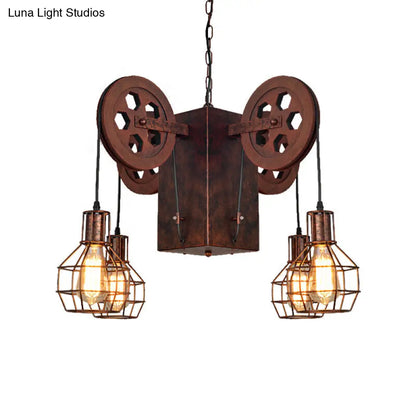 Lámpara colgante industrial de metal oxidado con globo enjaulado - Lámpara de araña de 4/6 luces y accesorios