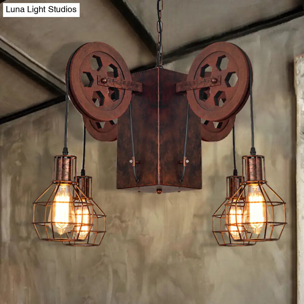 Lámpara colgante industrial de metal oxidado con globo enjaulado - Lámpara de araña de 4/6 luces y accesorios