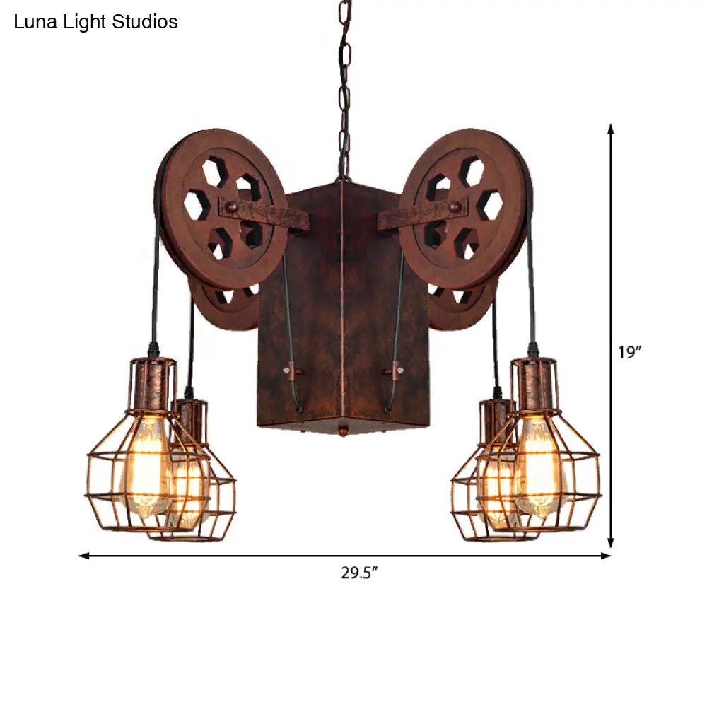 Lámpara colgante industrial de metal oxidado con globo enjaulado - Lámpara de araña de 4/6 luces y accesorios