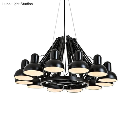 Industrial Metal Swing Arm Chandelier Lamp with Dome Shade and 12 Black/Red Bulbs for Living Room