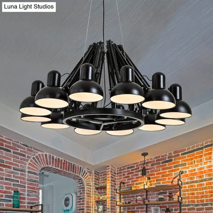 Industrial Metal Swing Arm Chandelier Lamp with Dome Shade and 12 Black/Red Bulbs for Living Room
