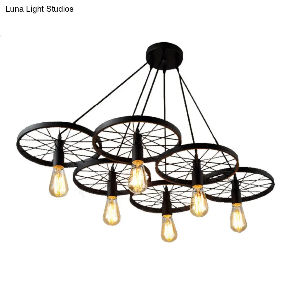 Industrial Metal Wagon Wheel Pendant Lamp: Black Hanging Light Fixture for Restaurants