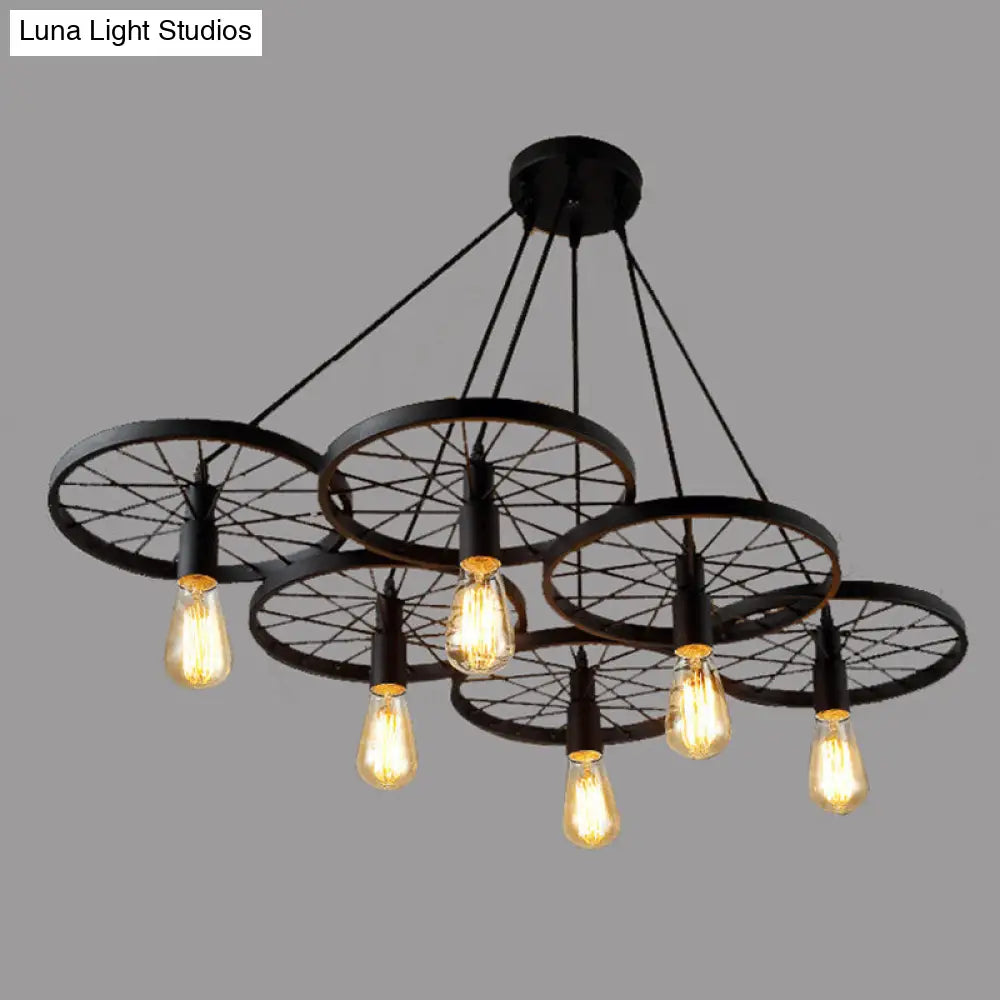 Industrial Metal Wagon Wheel Pendant Lamp: Black Hanging Light Fixture for Restaurants