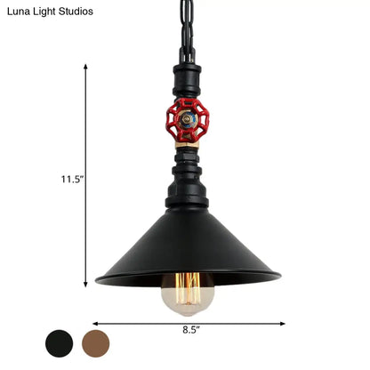 Industrial Metal Water Pipe and Valve Suspension Pendant - Black/Bronze, Cone Shade