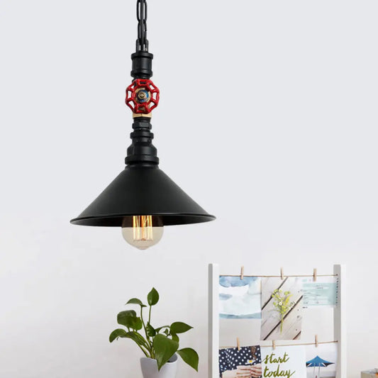 Industrial Metal Water Pipe and Valve Suspension Pendant - Black/Bronze, Cone Shade