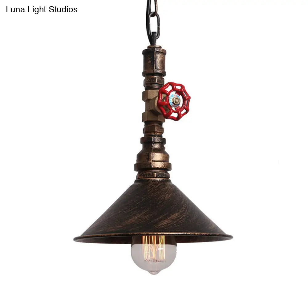 Industrial Metal Water Pipe and Valve Suspension Pendant - Black/Bronze, Cone Shade