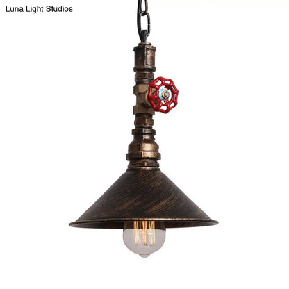 Industrial Metal Water Pipe and Valve Suspension Pendant - Black/Bronze, Cone Shade