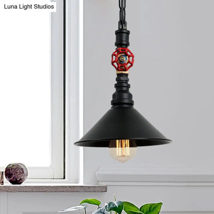 Industrial Metal Water Pipe and Valve Suspension Pendant - Black/Bronze, Cone Shade