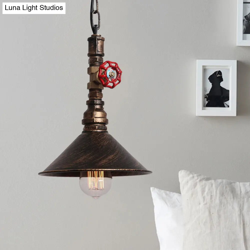 Industrial Metal Water Pipe and Valve Suspension Pendant - Black/Bronze, Cone Shade