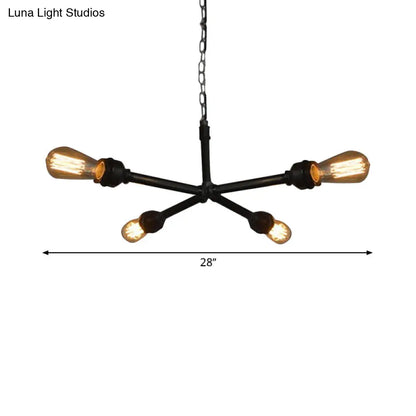 Industrial Metal Water Pipe Chandelier - Dining Room Hanging Lamp with Open Bulb, 4 Heads