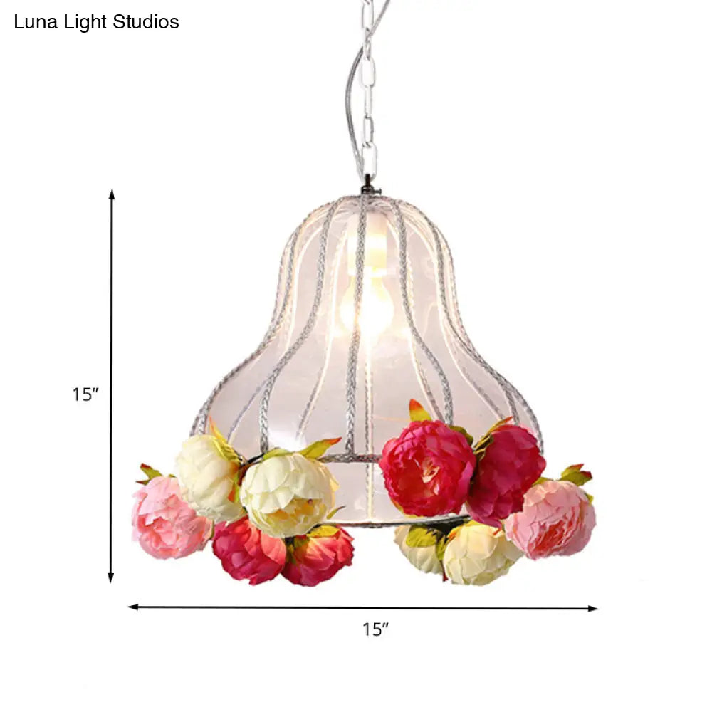 Industrial Metal White Hanging Light with Flower Decor - LED Ceiling Lamp for Restaurants