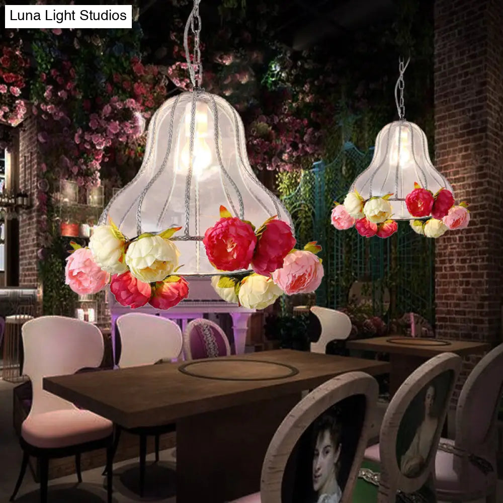 Industrial Metal White Hanging Light with Flower Decor - LED Ceiling Lamp for Restaurants