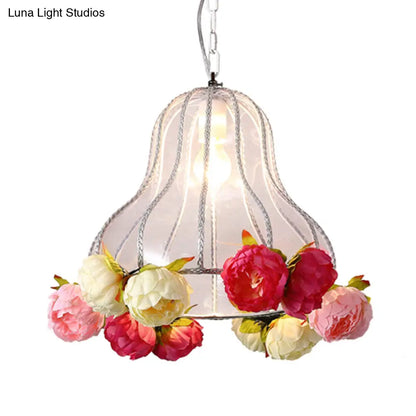 Industrial Metal White Hanging Light with Flower Decor - LED Ceiling Lamp for Restaurants