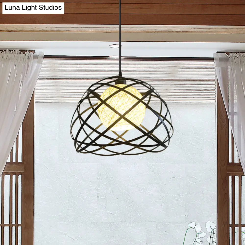 Industrial Metal Wire Cage Pendant Light with Dome Shade - Black