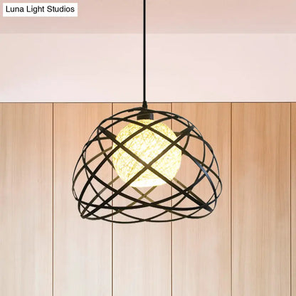 Industrial Metal Wire Cage Pendant Light with Dome Shade - Black