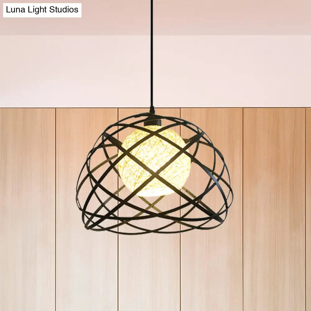 Industrial Metal Wire Cage Pendant Light with Dome Shade - Black