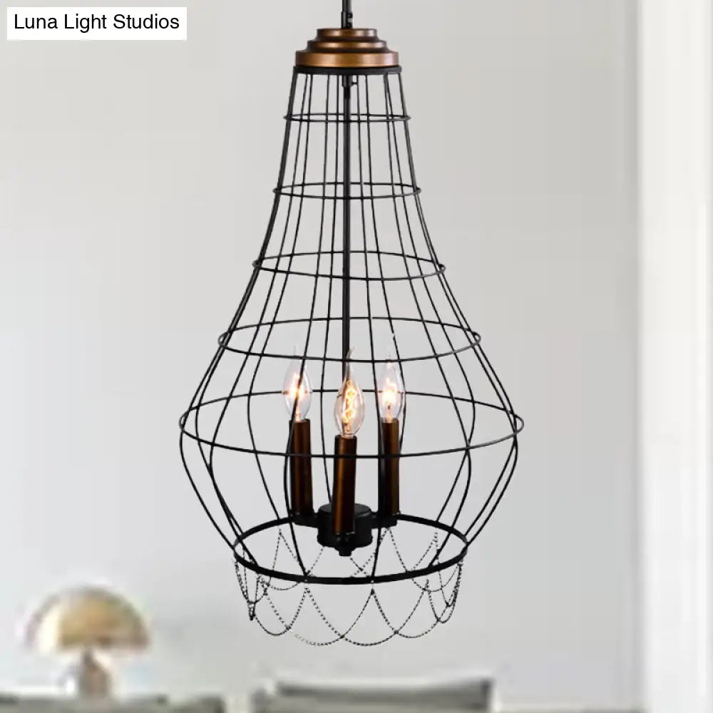 Industrial Metal Wire Guard Drop Light with 3 Black Finish Pendant Lights - Stylish Balcony Lamp with Candle Design