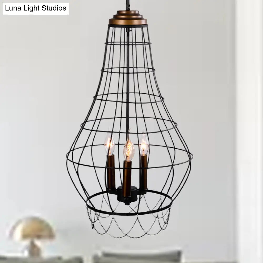 Industrial Metal Wire Guard Drop Light with 3 Black Finish Pendant Lights - Stylish Balcony Lamp with Candle Design