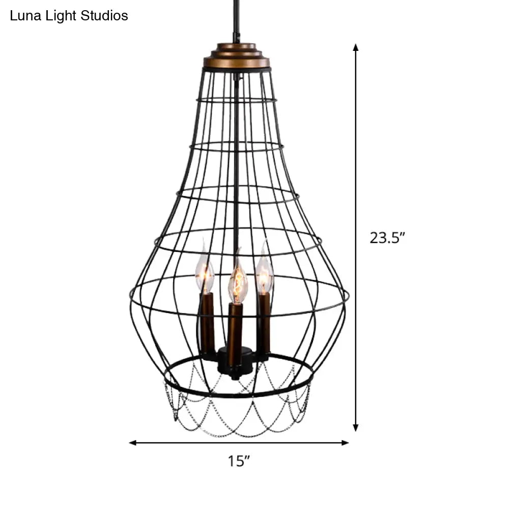 Industrial Metal Wire Guard Drop Light with 3 Black Finish Pendant Lights - Stylish Balcony Lamp with Candle Design