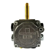 Industrial metallic burner oil pump with brass shaft black fittings engraved serial numbers and r.b.l. label on base