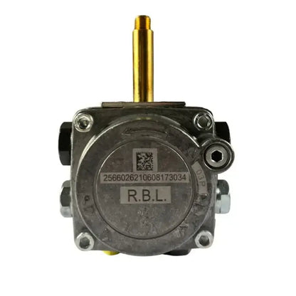 Industrial metallic burner oil pump with brass shaft black fittings engraved serial numbers and r.b.l. label on base