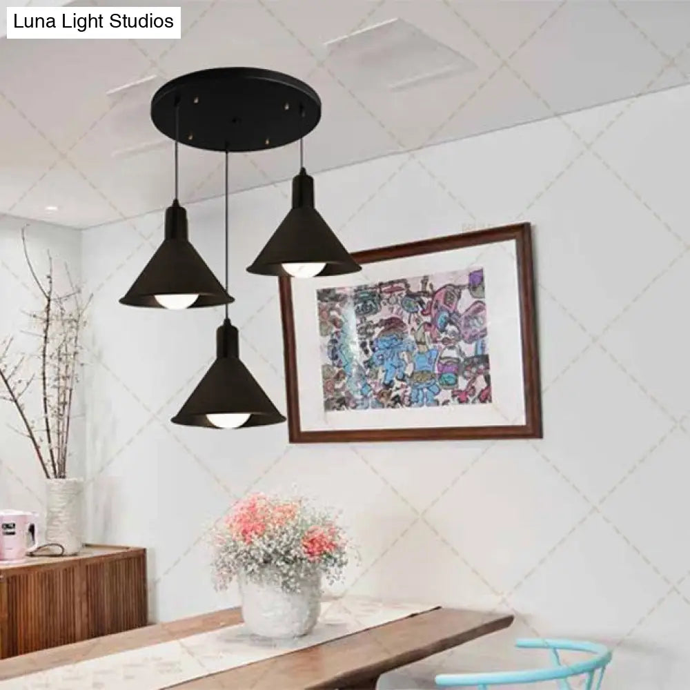 Industrial Metallic Funnel Dining Room Ceiling Light - 3-Light Black Pendant with Linear/Round Canopy