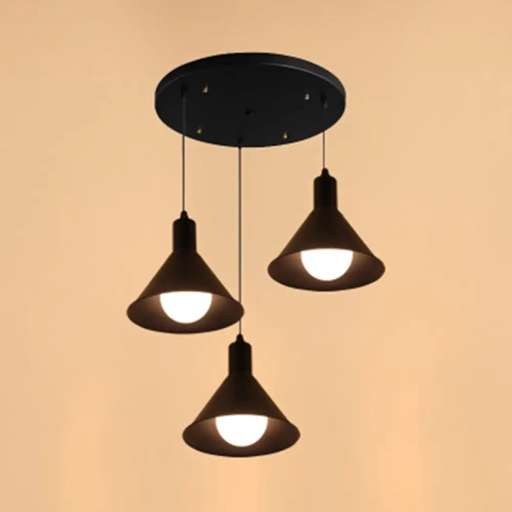 Industrial Metallic Funnel Dining Room Ceiling Light - 3-Light Black Pendant with Linear/Round Canopy