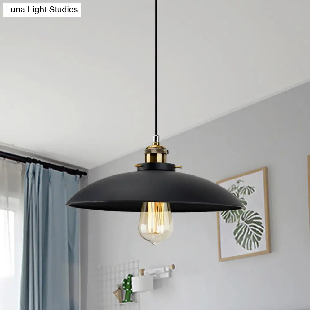 Industrial Metallic Pendant Light, Black Saucer Shade, 1-Light Dining Table Hanging Lamp (12.5"/16" Width)